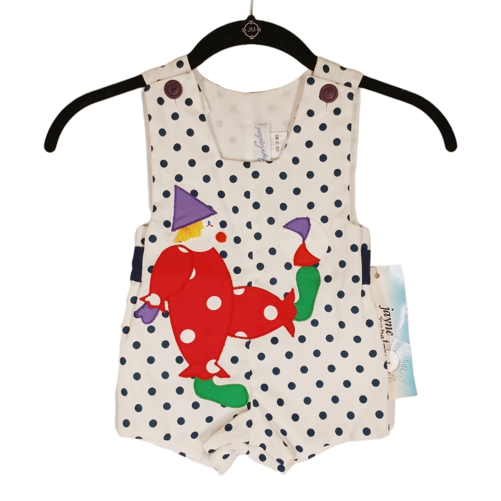 VTG JAYNE COPELAND Clown Print Ivory Navy Blue Polka Dot Print Kid's Romper NWT
